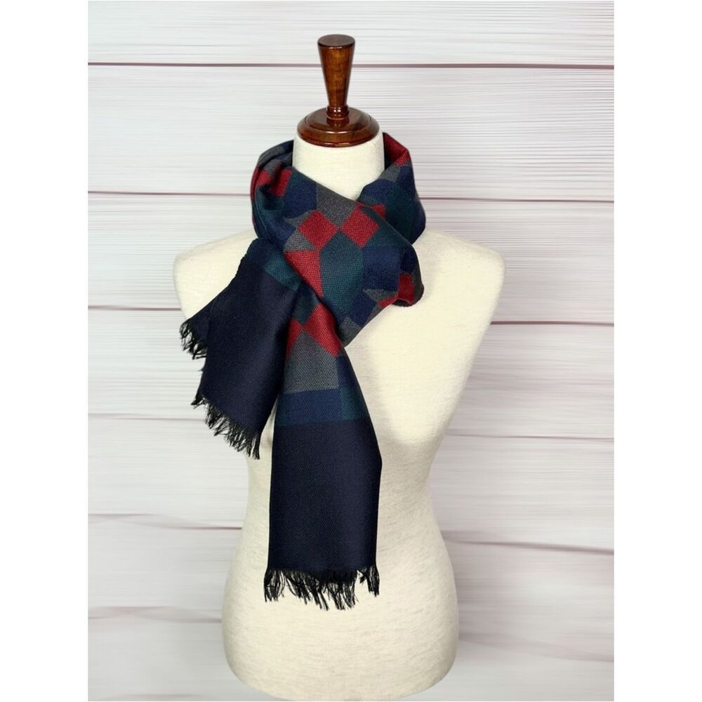 Vintage Wool Long Scarf Geometric Red Blue West Germany Men's Women's Winter